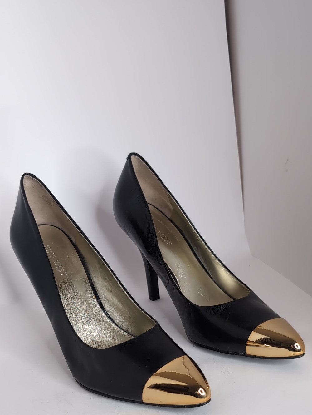 Nine West Black Pointed-Toe Pumps with Gold Cap
